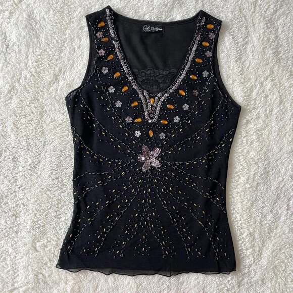 Tops - Beaded Sequin Mesh Tank
